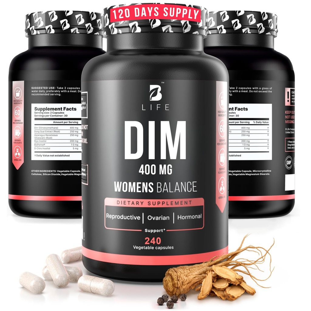 B Life Company DIM Supplement 400 mg with Myo & D-Chiro Inositol, Dong Quai – Hormone Balance for Women – Fertility Supplements – Inositol Supplement - 240 Caps