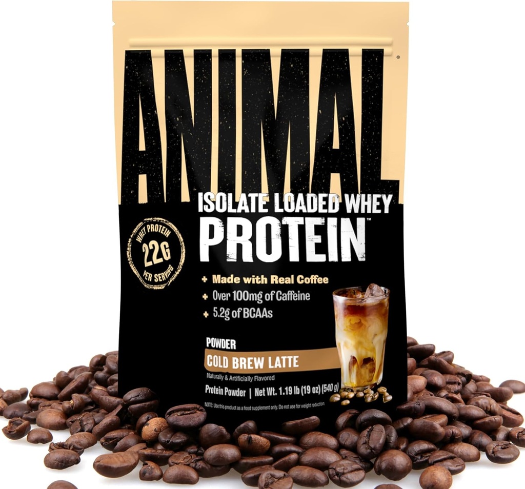 Animal Whey Protein Coffee Powder, geladen mit 22g Protein, 100mg Koffein, und BCAAs für Pre & Post Workout Muscle Builder Erholung mit Verdauungsenzymen für Männer & Frauen, Kalte Brew Latte, 1 lb
