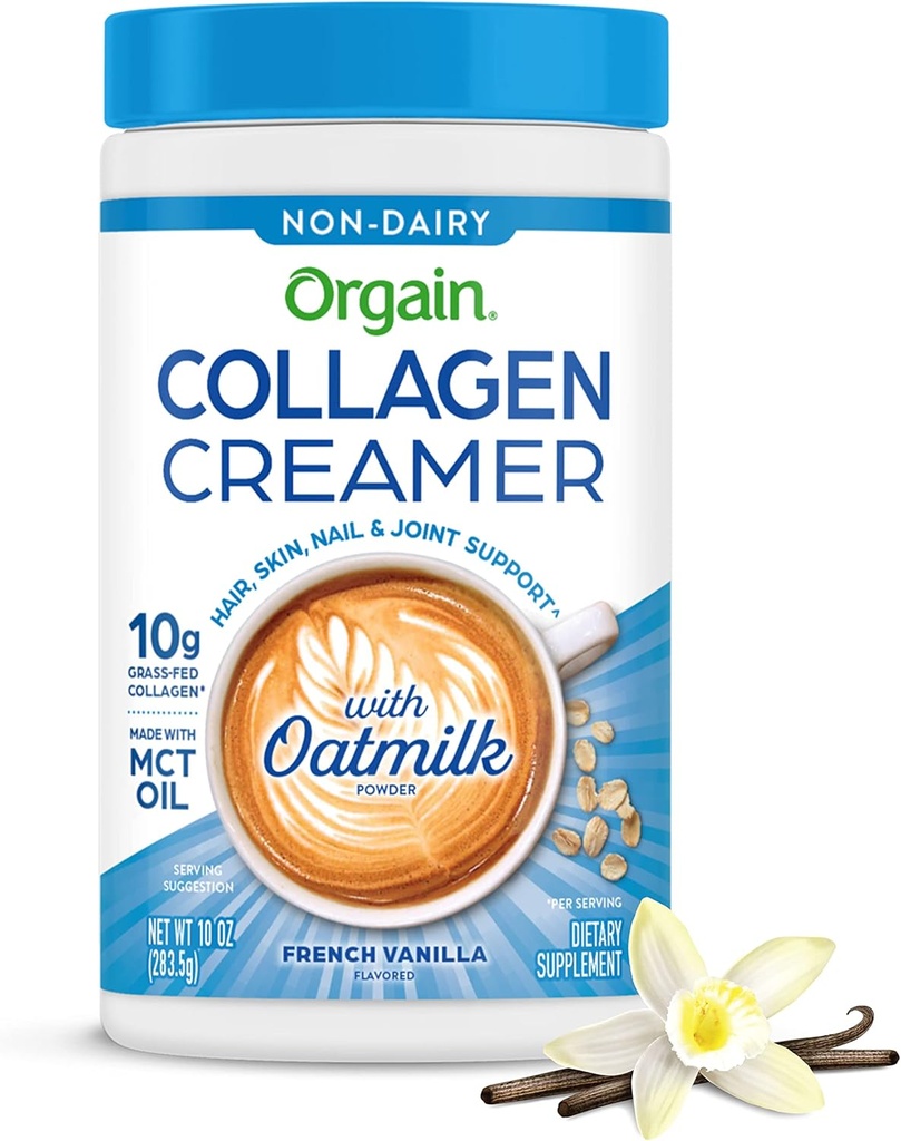 Orgain Collagen Coffee Creamer, 10g Grass Fed Hydrolyzed Collagen Peptides, French Vanilla - With Organic Oat Milk Powder, Coconut Oil, MCT Oil, Avocado Oil, Hair, Skin, Nail, & Joint Support - 10oz
