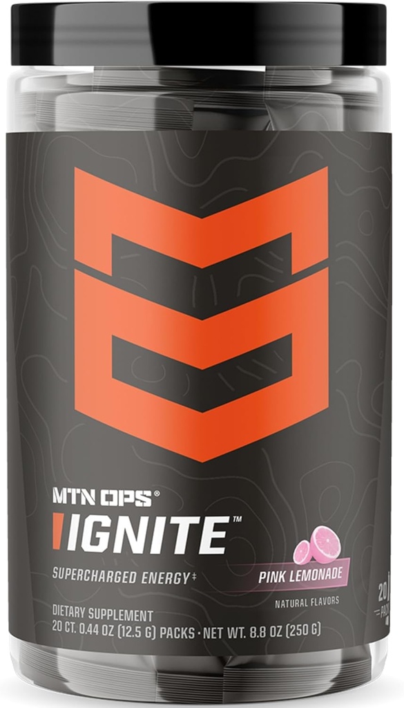 MTN OPS Ignite Trail Packs Energy Drink Powder, Gluten Free Nootropic Supplement Drink Mix, L Arginin, L Citruline, Kofein & Nootropic Sugar Free Drink Mix, 20 Servings, Pink Lemonade
