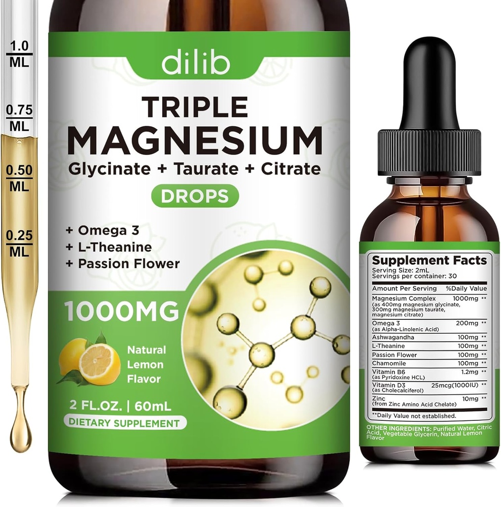 Suplemento de glicinato de magnésio líquido 1000mg, Citrato de magnésio calmo, gotas de taurate com Omega 3, zinco, Ashwagandha, L-teanina, camomila para dormir, humor, alívio de estresse, osso, músculo, sabor limão