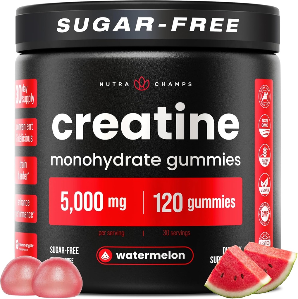 NutraChamps 120 Gummies de creatina para homes e mulleres - 5g Sugar Free Chewable Creatine Monohydrate Gummies - soporta síntese de proteínas, recuperación muscular e rendemento do traballo