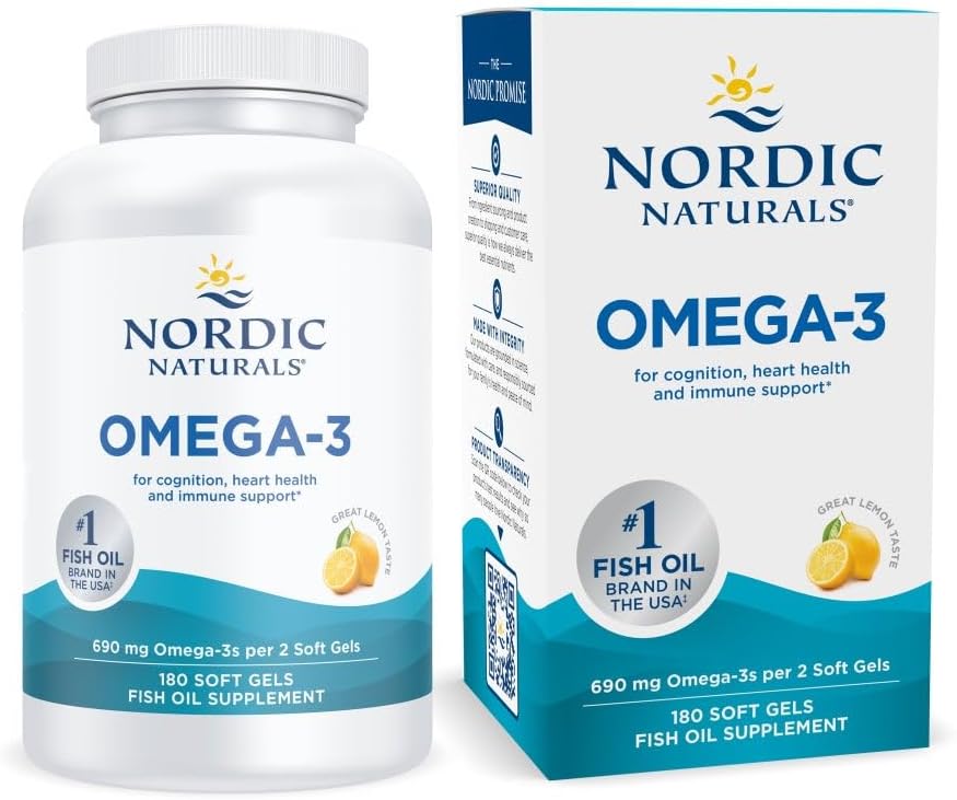Nordic Naturals Omega-3, Lemon Flavor - 180 pehmeää geeliä - 690 mg Omega-3 - Kalaöljy - EPA & DHA - Immuunituki, aivo- ja sydänterveys, optimaalinen hyvinvointi - ei GMO - 90 tarjoilua