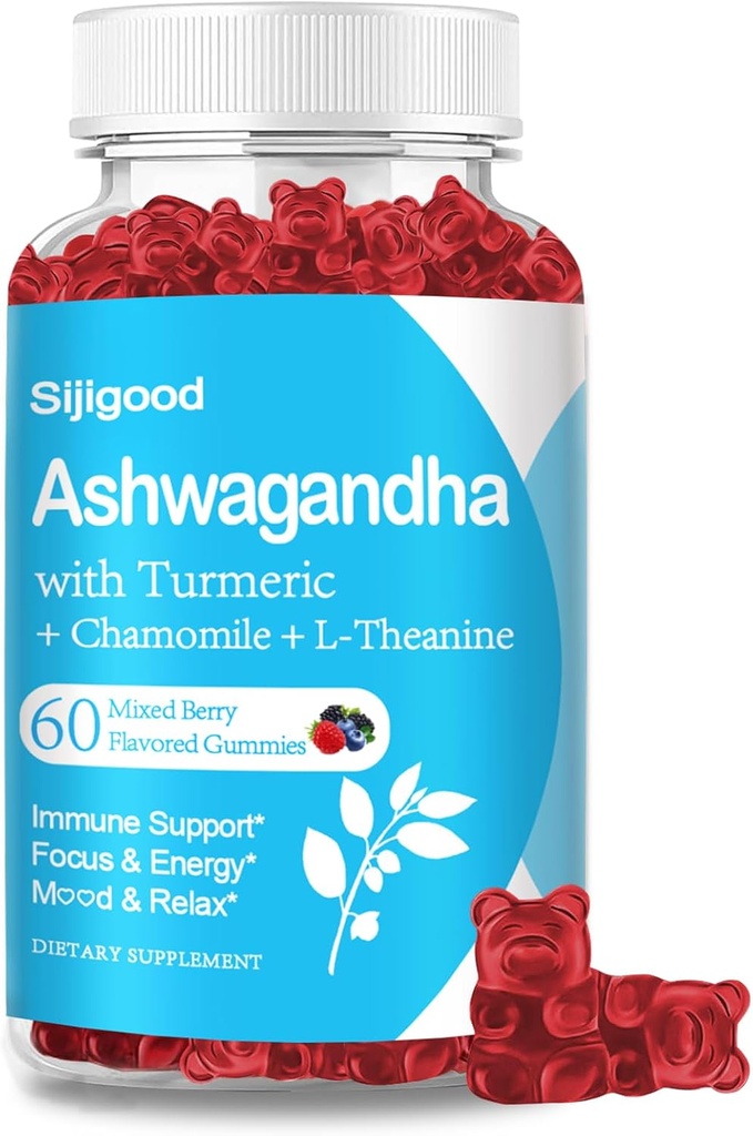 Ashwagandha Gummies met L-theanine, Ashwa Root Supplement Gummy voor vrouwen Mannen, 60 gemengde Berry Flavored Gummies