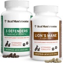 Cogumelos reais 5 Defensores para animais de estimação (90ct) e Mane Lions para animais de estimação (120ct) - Pacote para força imunitária & Cognição - Vegan, Não-GMO, Sem glúten, Suplementos de animais de estimação de cogumelos sem grãos