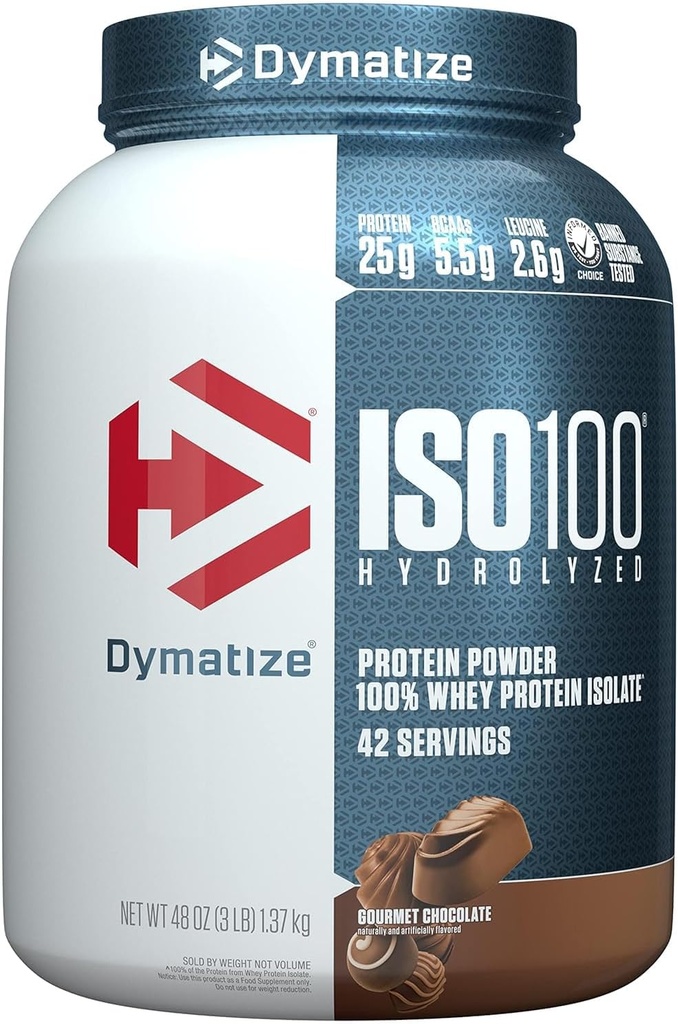 Dymatisering ISO100 Hydrolysert proteinpulver, 100% Whey Isolate Protein, 25 g protein, 5,5 g BCAA, Glutenfri, rask absorbering, lett diading, Gourmet sjokolade, 3 pund (42 serveringer)