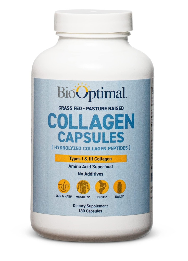 BioOptimal Collagen Peptides Capsules - Grass-Fed, Pasture-Raised Hydrolyzed Protein Supplement for Skin, Hair, & Nails - Non-GMO, Zero Sugar Daily Pills for Men & Women (180 Capsules)