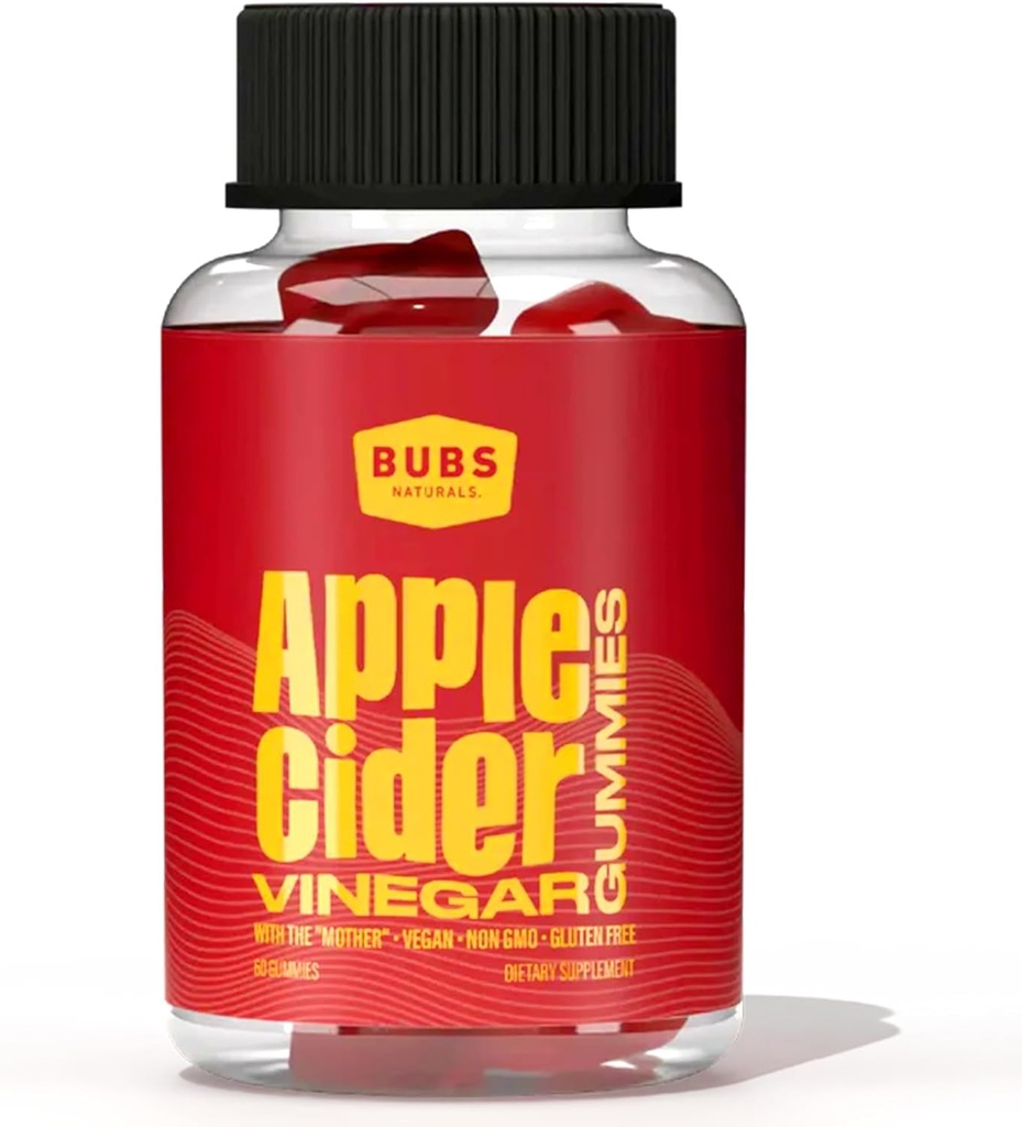 BUBS Natural Apple Cider Vinegar Gummies with The Mother, All Natural Vegan ACV Gummy Vitamins, Supports Detox, Digestion & Energy Booster with B Vitamins, 60 count