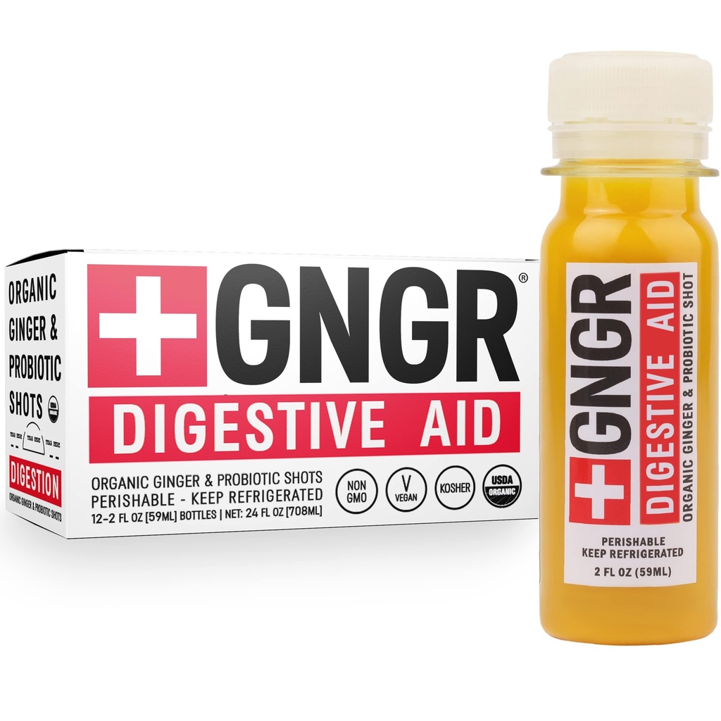 +GNGR Digestive Aid – Organic Ginger Shot with Turmeric & Black Pepper. High-Absorption Curcumin with Probiotics for Immune, Digestive & Gut Health. Cold-Pressed Ginger Shots. 2 fl oz Bottles (Pack of 12).