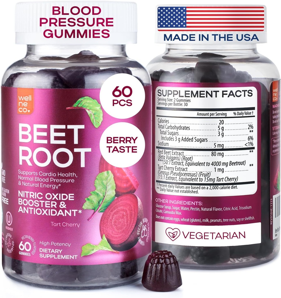 Beet Chews for High blood Pressure - Beet Root Gummies made in USA with Tart Cherry - Nitric Oxide supplements for Energy and Cardio Health - Vegan, No GMO, Pectin Based - for Women and Men, 60 Pcs