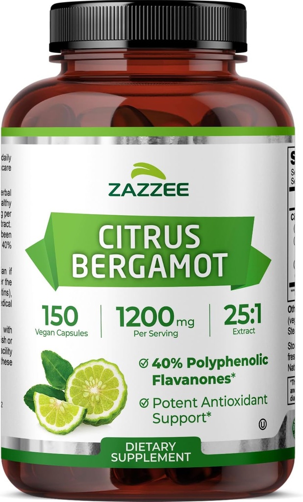 Zazzee Citrus Bergamot 25: 1 Ekstrakt 1200 mg, 40% polüfenoolsed flavanoonid, 150 vegankapslit, Kosher, kontsentreeritud ja standarditud 25X potentsi, mitte-GMO ja kõik-looduslik, valmistatud USA-s