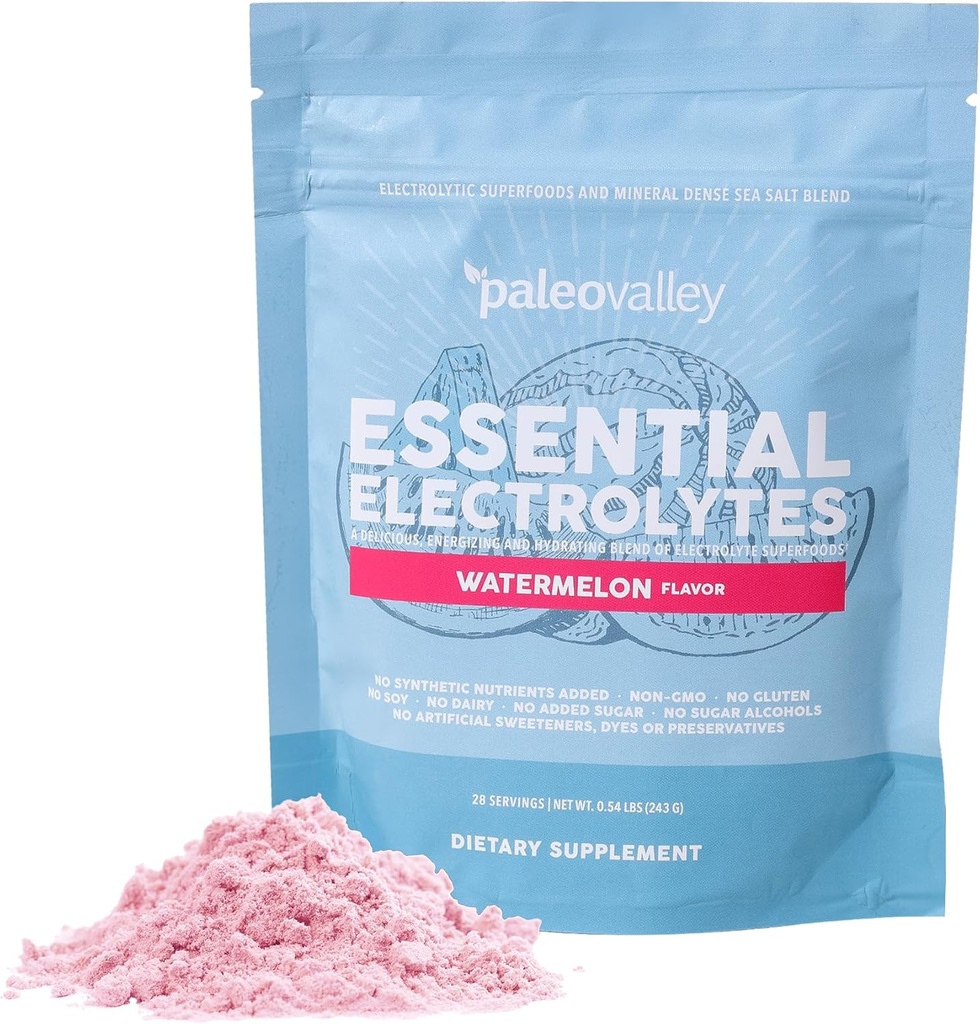 Paleovalley Essential Electrolytes Pulver - Full Spectrum Wassermelon Elektrolyt Pulver für Hydration, Energie und Muskel Erholung - Kein Zucker hinzugefügt - 28 Servierungen