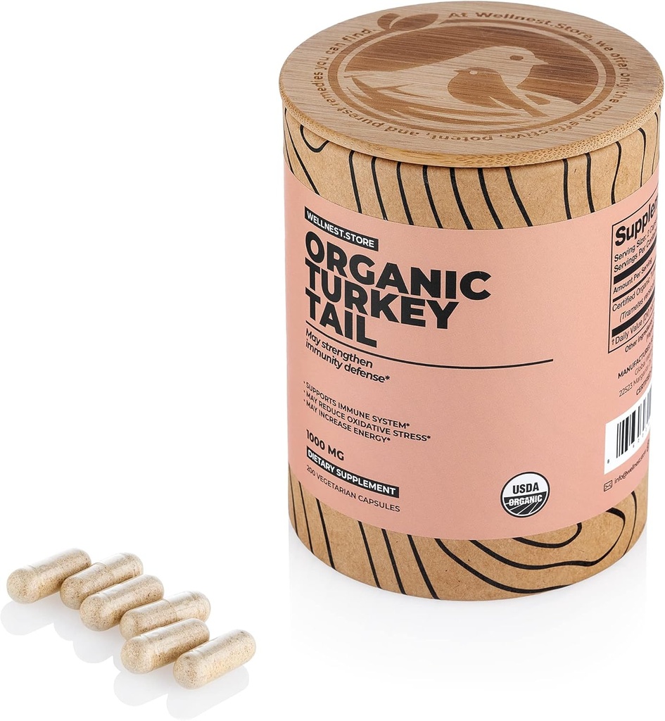 Wellnest. Store Turkey Tail Organic Mushroom (Trametes Extract) 200 Kasvis Caps - Immunosupport Supplement; Edistää kasvua Beneficial Bacteria Gut + Boosts Energy