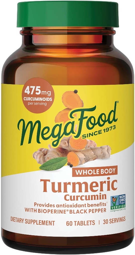 MegaFood Ολόκληρο το σώμα Turmeric Curcumin Supplement - Turmeric Supplement With Black Pepper & Vitamin C - 475 mg Curcuminoids Per Serving - Antioxidant & Immune Support - Vegan - 60 Tablets, 30 Servings