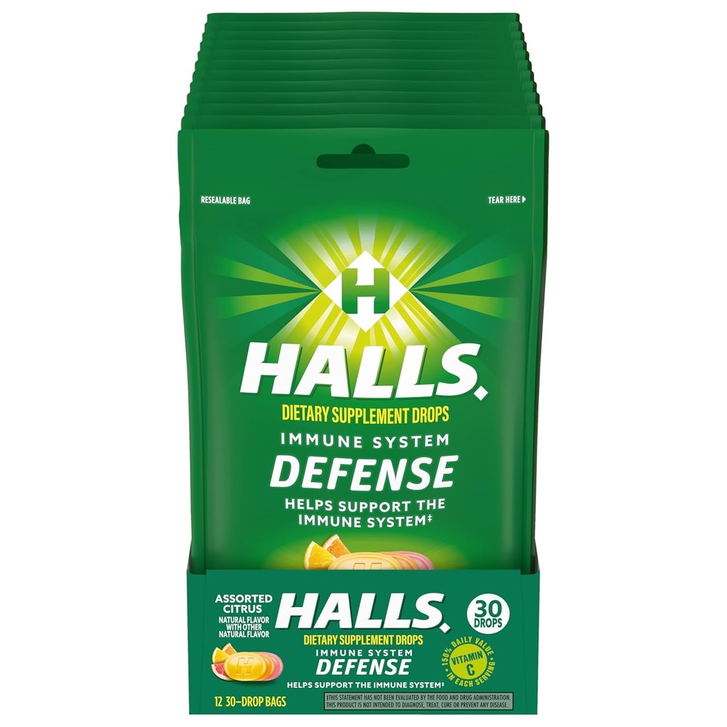 HALLS Defense Assorted Citrus Вітамін C краплі, Дієтичні добавки краплі, 12 сумки 30 крапель (360 Загальне падіння)
