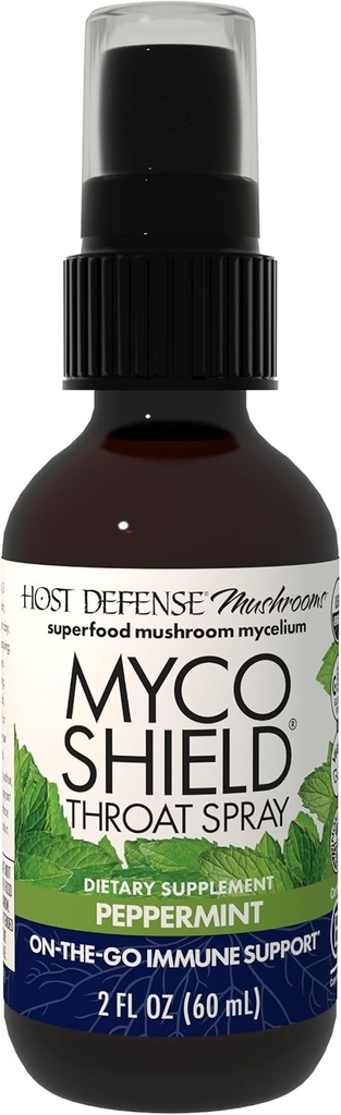 Host Defense MycoShield Throat Spray - Immune Health Support - Συμπλήρωμα μανιταριών διατροφής με Chaga, Reishi, Turkey Tail & More - On-The-Go Immune Support - Peppermint, 2 fl oz (142 Servings)*