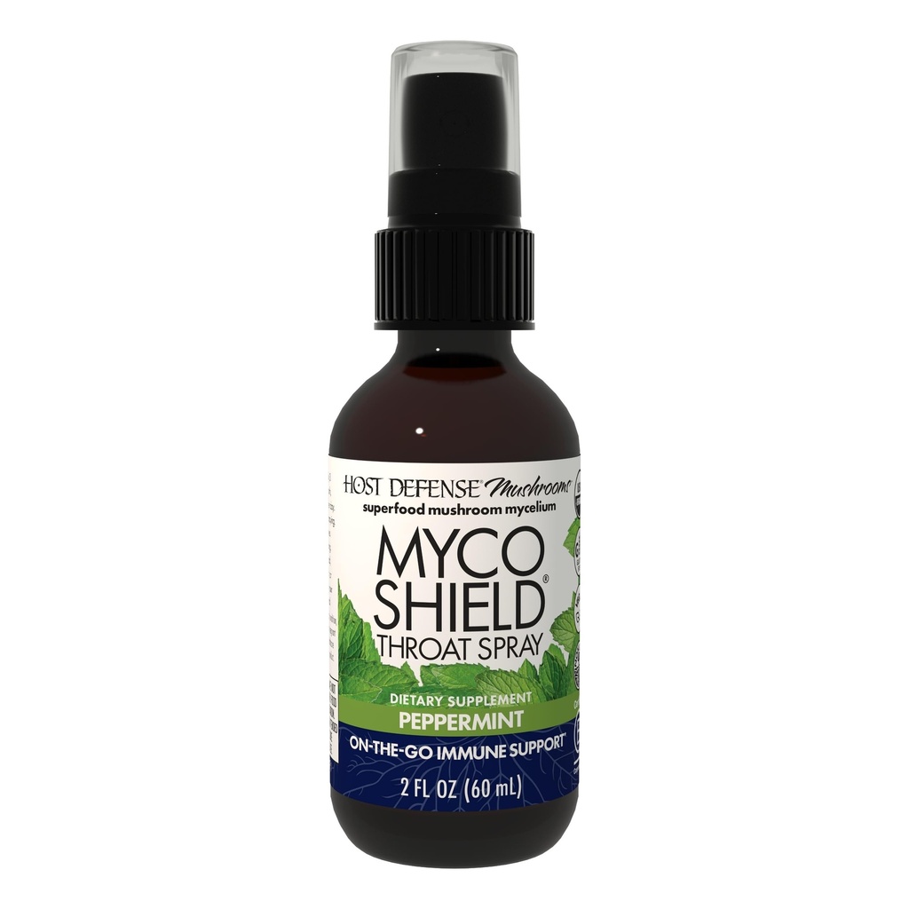Host Defense MycoShield Throat Spray - Immune Health Support - Dietary Mushroom Supplement with Chaga, Reishi, Turkey Tail & More - On-the-Go Immune Support - Peppermint, 2 fl oz (142 Servings)