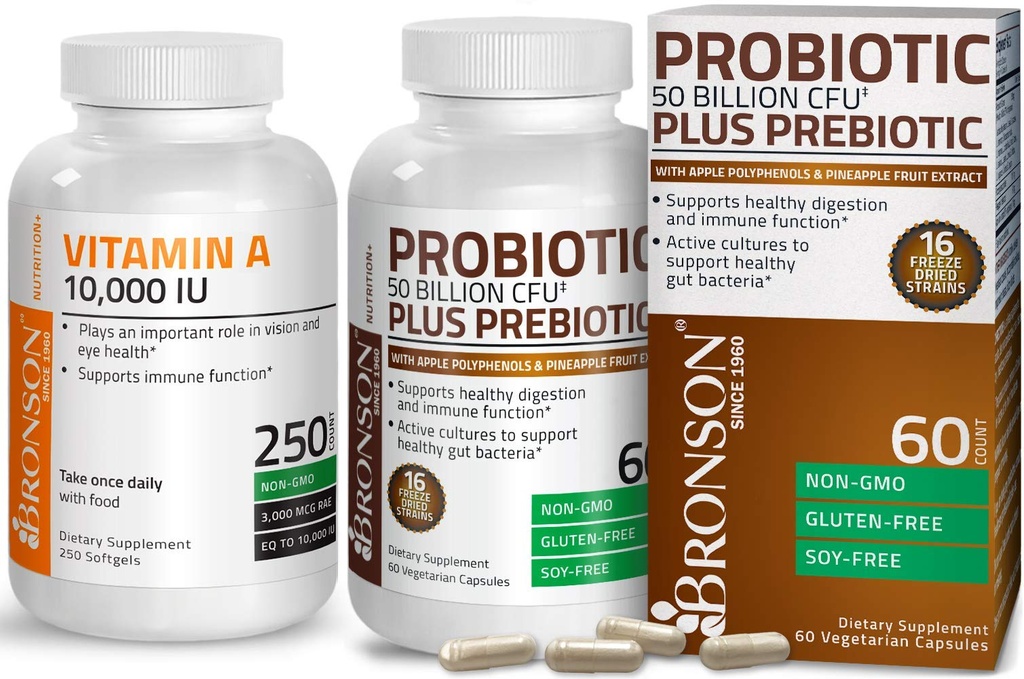 Bronson Probiotic 50 Billion CFU + Prebiotic with Apple Polyphenols & Pineapple Fruit Extract + Vitamin A 10,000 IU Premium Non-GMO Formula