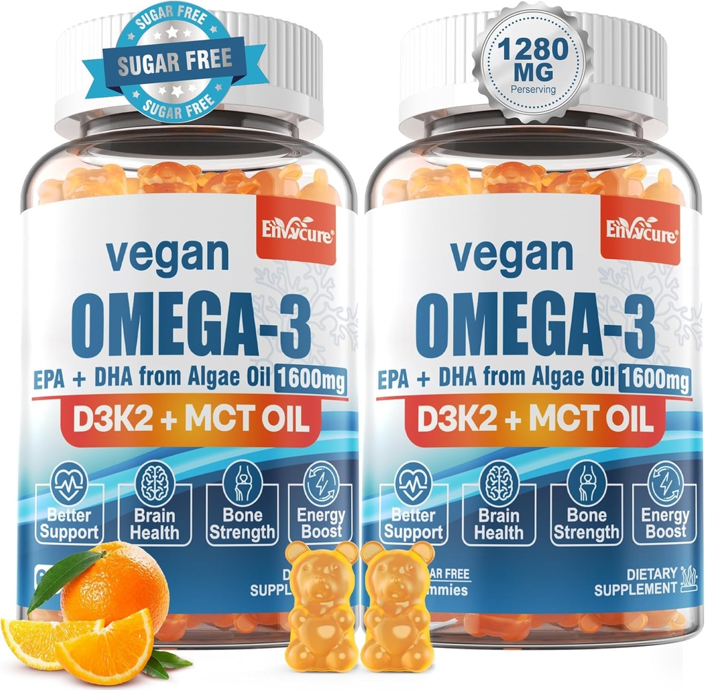 Vegan Omega 3 Gigall80mg + vitamina D3 K2 (MK7), alternativa a l'oli de peix Omega per a adults, w/Algae EPA 600Ag & DHA 400mg, Petroli MCT - No Fishiglog - per al cervell, Eye, Imnee salut, Sugar, 2 Pack