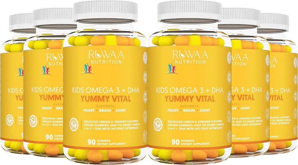 RUWAA NUTRITION Enfants Omega 3 Gummies DHA EPA Omega 3 Supplément Enfants. Pas d'huile de poisson après la dégustation Omega végétalien 3 6 9 + Gommies DHA et vitamine C. Santé cognitive, focus, vision.