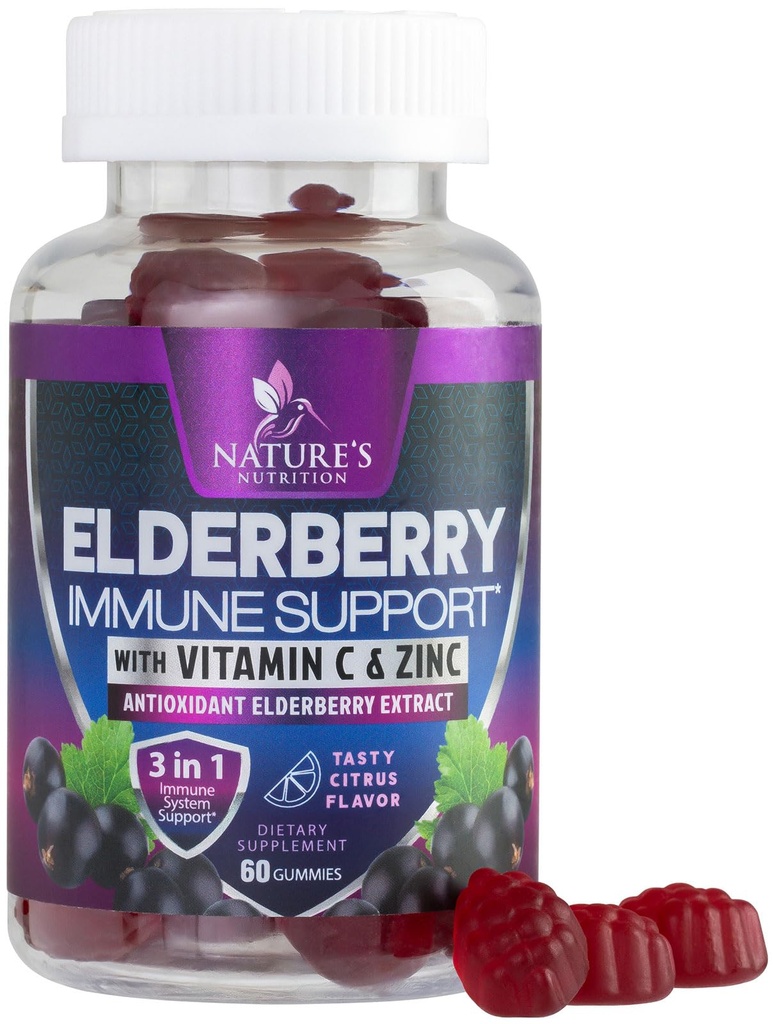 Elderberry Immune Support Gummies - 3X Strength Sambucus Elderberry Gummy with Vitamin C, D3 & Zinc - Nature’s Black Elderberry Extract - Immune Support Supplement for Adults & Kids - 60 Gummies