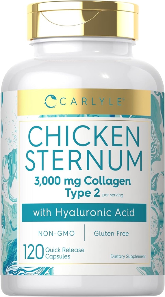 Carlyle Chicken Sternum Kõhre Kollageeni kapslid | Tüüp II 3000mg | 120 Pills | koos hüaluroonhappega | Mitte-GMO, Gluteenivaba