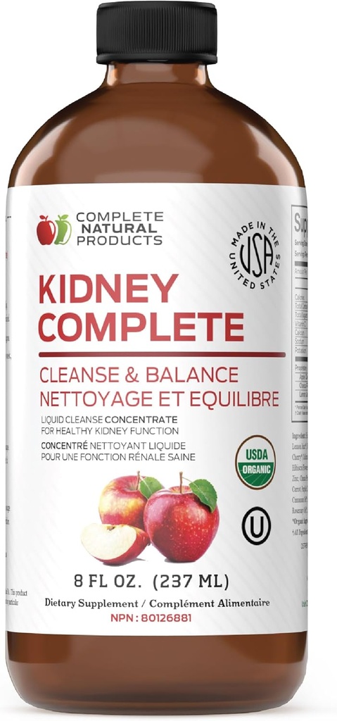 מוצרים טבעיים שלמים Kidney Complete - 8oz נוזל אורגני לתמיכה בקיני, ניקוי ו Detox עם Apple Cider Vinegar, לימון, & אורגני צ'נקה Piedra.