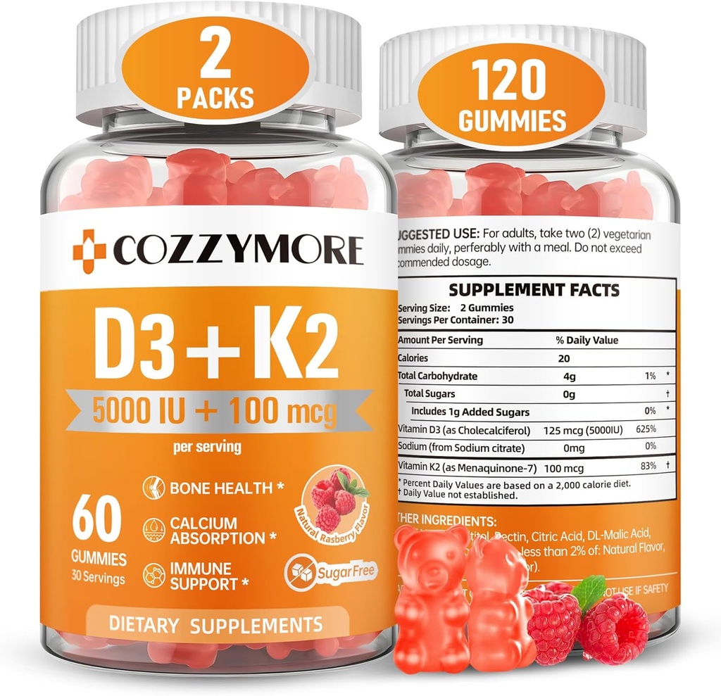 Vitamine sans sucre D3 K2 Gommies, supplément de vitamine D Gommies, 10000 UI + 200mcg Suppléments D3 et K2, vitamines gommy goûtées, soutien pour les os Immune de dents musculaires, 60 portions 120 Gommies, framboise
