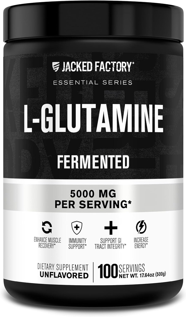 Jacked Fábrica L-Glutamina pó 100 Servings - Vegan Fermented L Suplemento de Glutamina para pós-treino de recuperação muscular, Imunidade, Saúde Digestiva