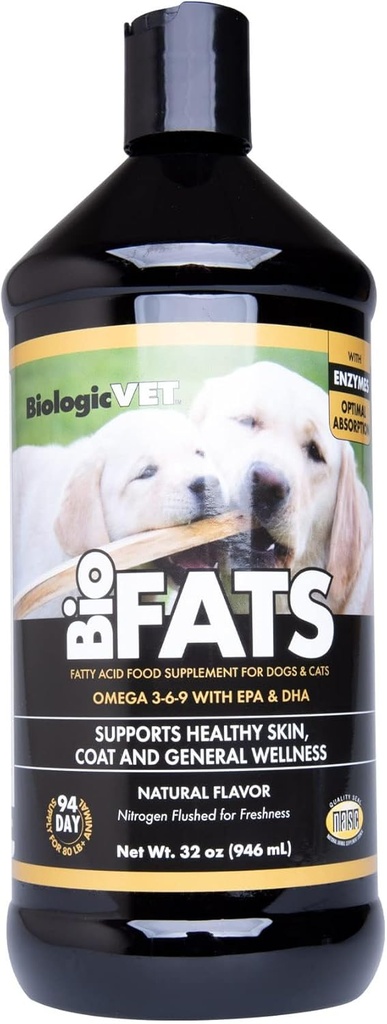 BiologicVET BioFATS - Contiene Omegas 3, 6 " 9 - con EPA, DHA " ALA - para perros " Cat - Skin " Joint Health Support - Incluye Fish, Flaxseed " Olive Oil - 32 fl. oz.