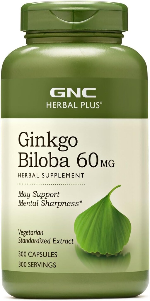 GNC Herbal Plus Ginkgo Biloba 60mg supplement, Vegetarian, Supports Mental Sharpness, 300 Servings