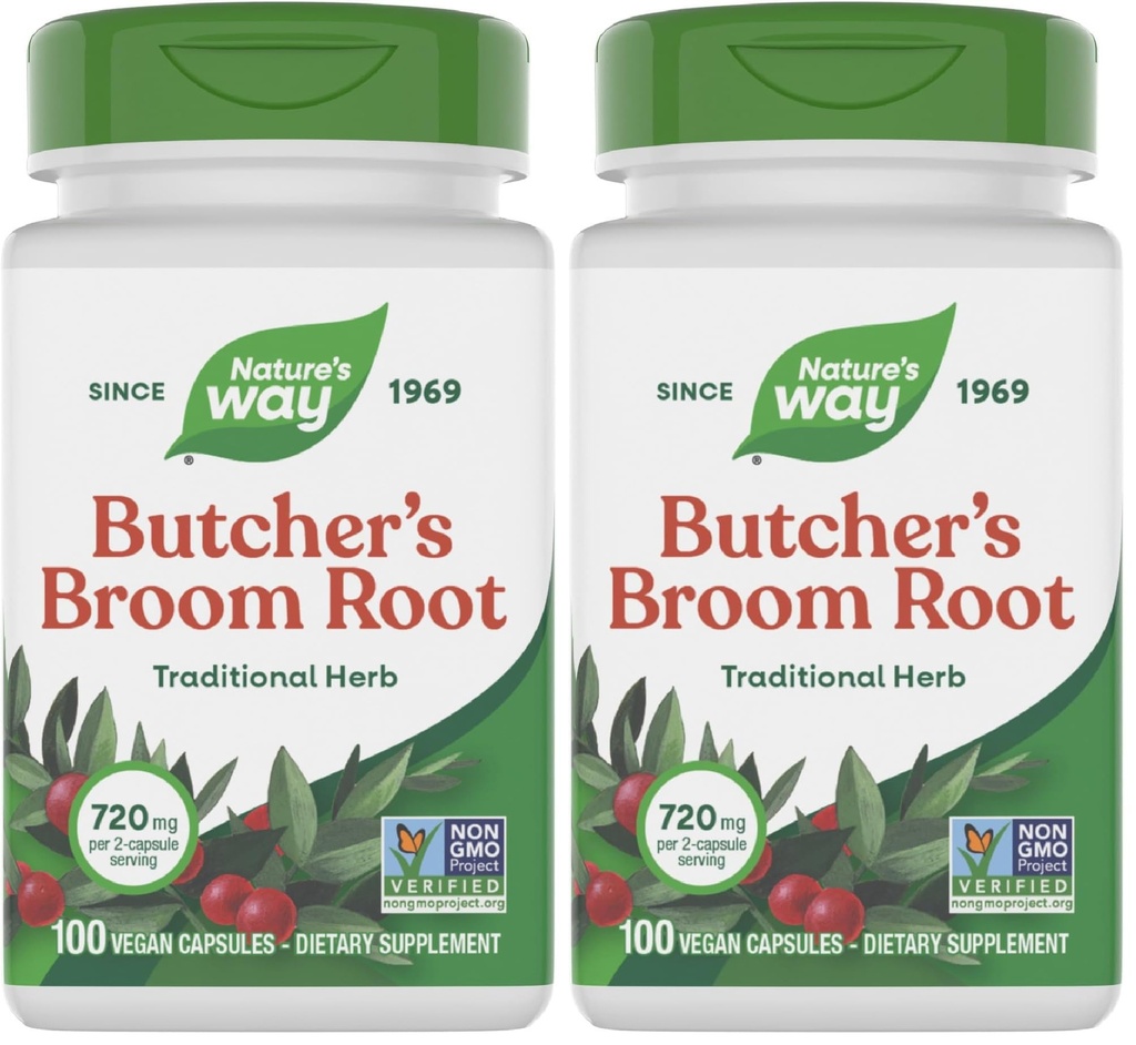 Nature's Way Butcher's Broom Root, Traditional Leg Vein Support*, 100 Vegan Capsules (Pack of 2)