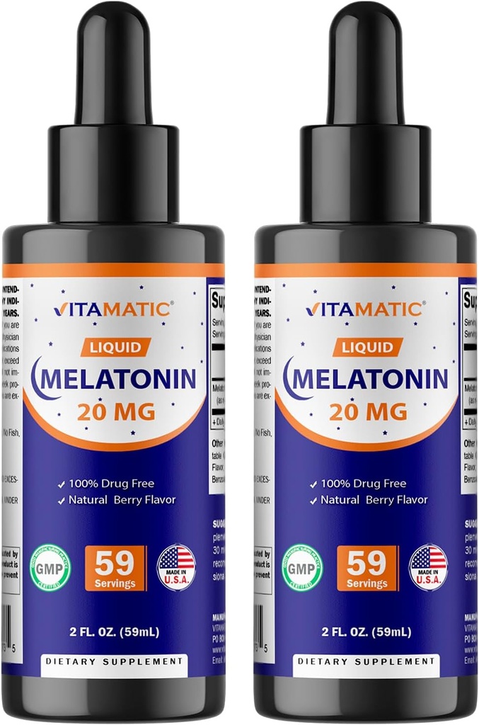 Vitamatic 2- Pack Melatonin 20mg folyékony cseppek - 2 fl oz (59 ml) Each - Natural Berry Flavor - Non-GMO, Vegetáriánus kiegészítés felnőtteknek