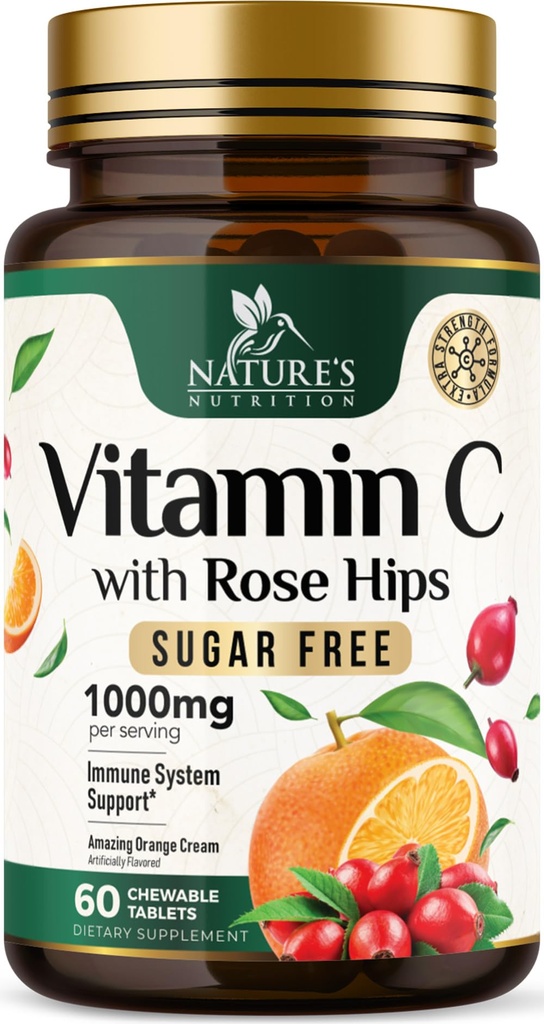 Vitamin C 1000mg Per Serving Chewable - Sugar Free - Extra Strength Antioxidants - Natural Immune Support Supplement with Vitamin C & Rose Hips, Powerful Vit C Chews, Tasty Orange Flavor - 60 Tablets
