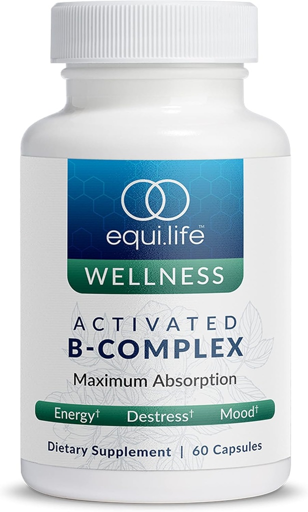 Equilife Ativado Complexo B, Super B Suplemento Dietário Complexo Com Biotina, Inositol, B12 & B6, Choline & Folato para apoiar energia e cabelo, Pele, Saúde das unhas, Glúten livre, Vegan, Não OGM, 60 Cápsulas