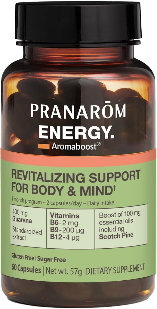 Pranarom - Aromaboost Energy Herbal Supplement - per la Fatica Fisica e Mentale - Guarana - Vitamine B6 B9 B12 - Olio Essenziale Pure Scots Pine - 60 Conte