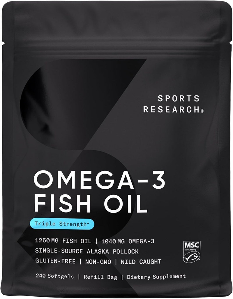 Sports Research Triple Strength Omega 3 Fish Oil - Burpless Fish Oil Supplement w/EPA & DHA Fatty Acids from Wild Alaskan Pollock - Heart, Brain & Immune Support for Men & Women - 1250 mg, 240 ct