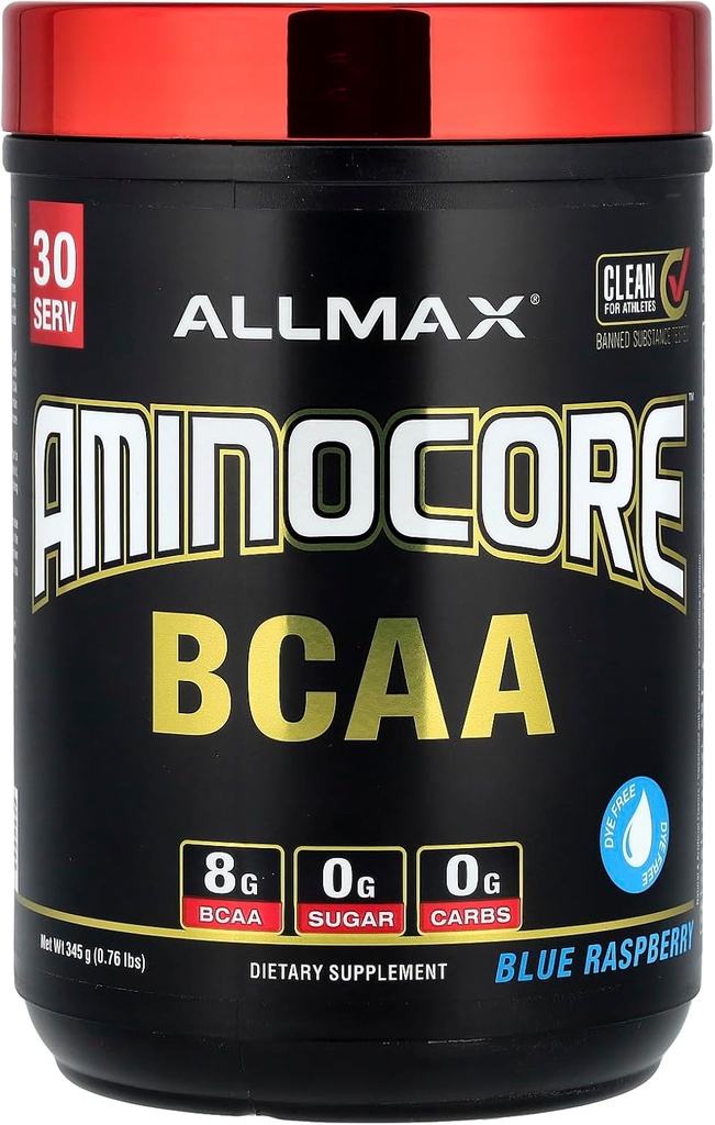 ALLMAX Nutrition AMINOCORE BCAA – 8G BCAAs – 100% Pure Branch Chained Amino Acids – Gluten Free - Blue Raspberry - 315 Gram