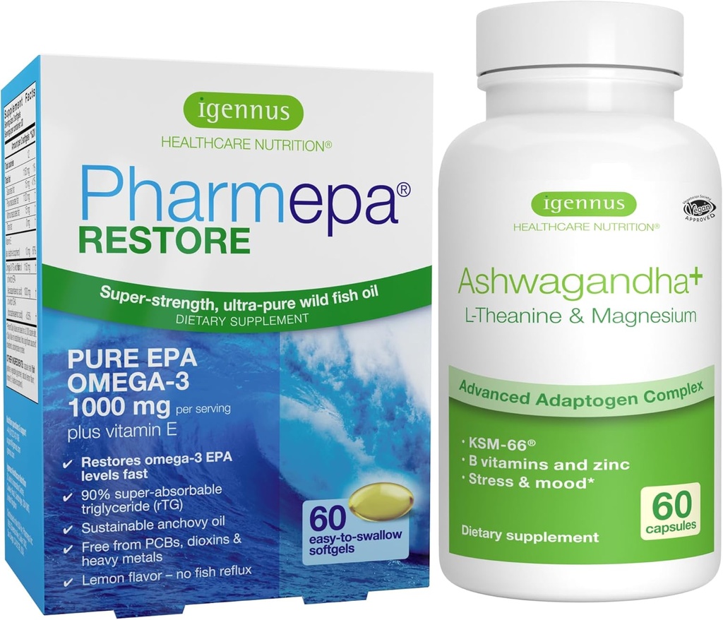 Igennus Pharmepa Restore + Ashwagandha+ L-teanina & Magnesium Bundle, 1000mg Pure EPA Omega-3 Fish Oil + 600mg KSM-66 Ashwagandha Adaptogen Complex con Zinc & B Vitamine, Mood & Stress Support