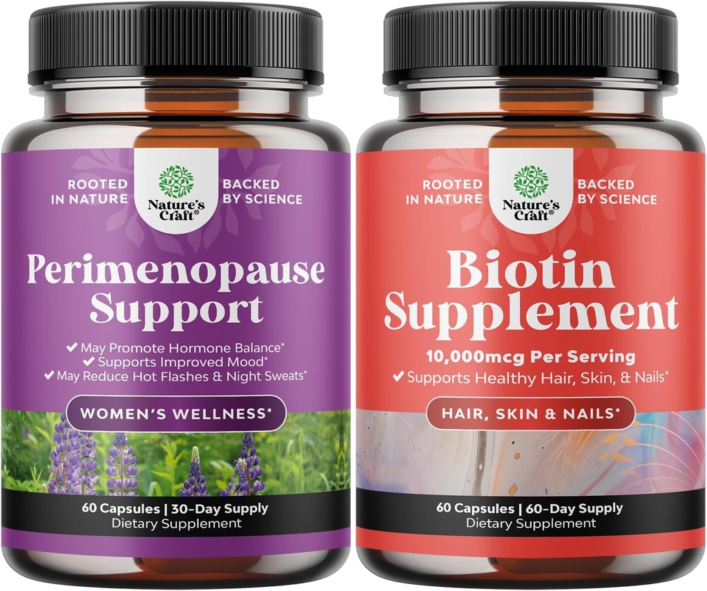 Bundle of Perimenopause Supplement for Women -Multibenefit Menopause Relief for Women and Pure Biotin Pills for Women Men - Stop Hair Loss Thinning Natural Supplement for Shiny Thick Hair Growth