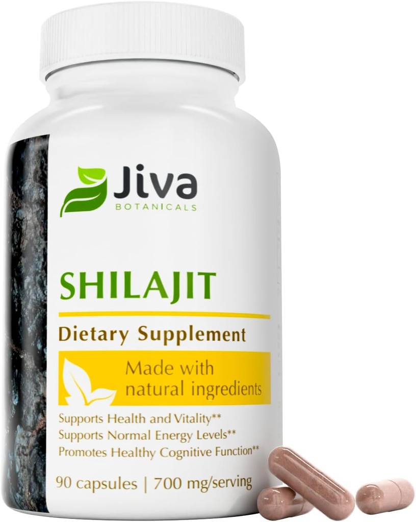 Jiva Botanicals Shilajit Capules 700 mg Shlajit Extraieu amb l'àcid Fulvic , Iyhylajit suplementari per homes i dones Islama 90 Vegan Capules per Daily Bénes - 90 comte (Pira de 1)
