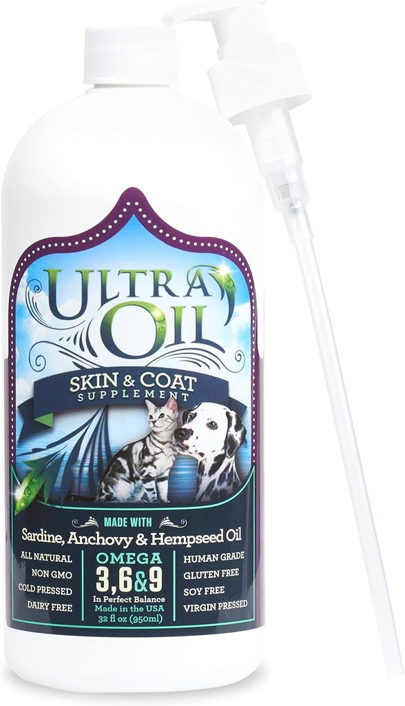 Ultra Oil Dog & Cat Supplement con Hemp, Flaxseed & Fish Oils - 32oz - Para a pel seca, abrigo de Dull, puntos quentes, Dandruff, alerxias