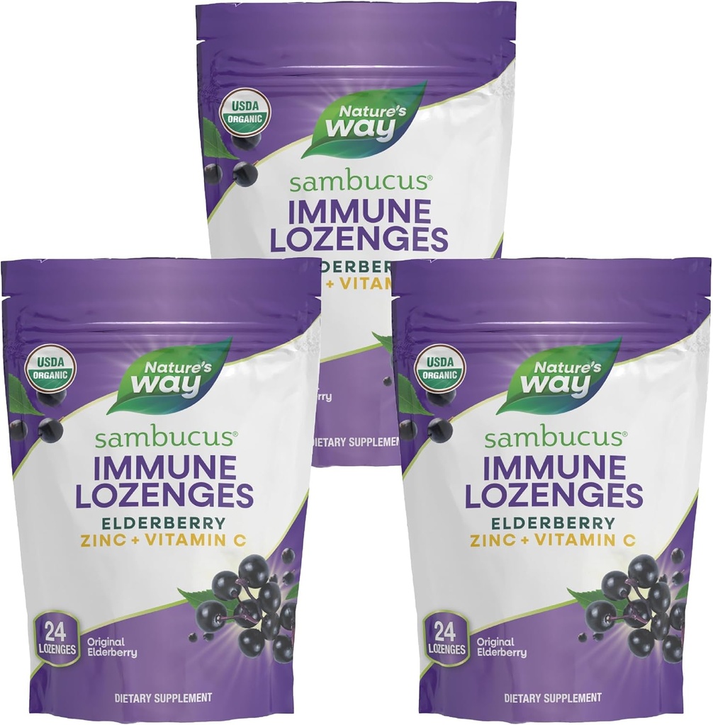 Nature 's Way Sambucus immunologiczne Lozenges, Cynk + witamina C, Black Elderberry Extract, USDA Certified Organic, Original Berry Flavored, 24 Lozenges (Packaging May Vary) - 3 opakowania