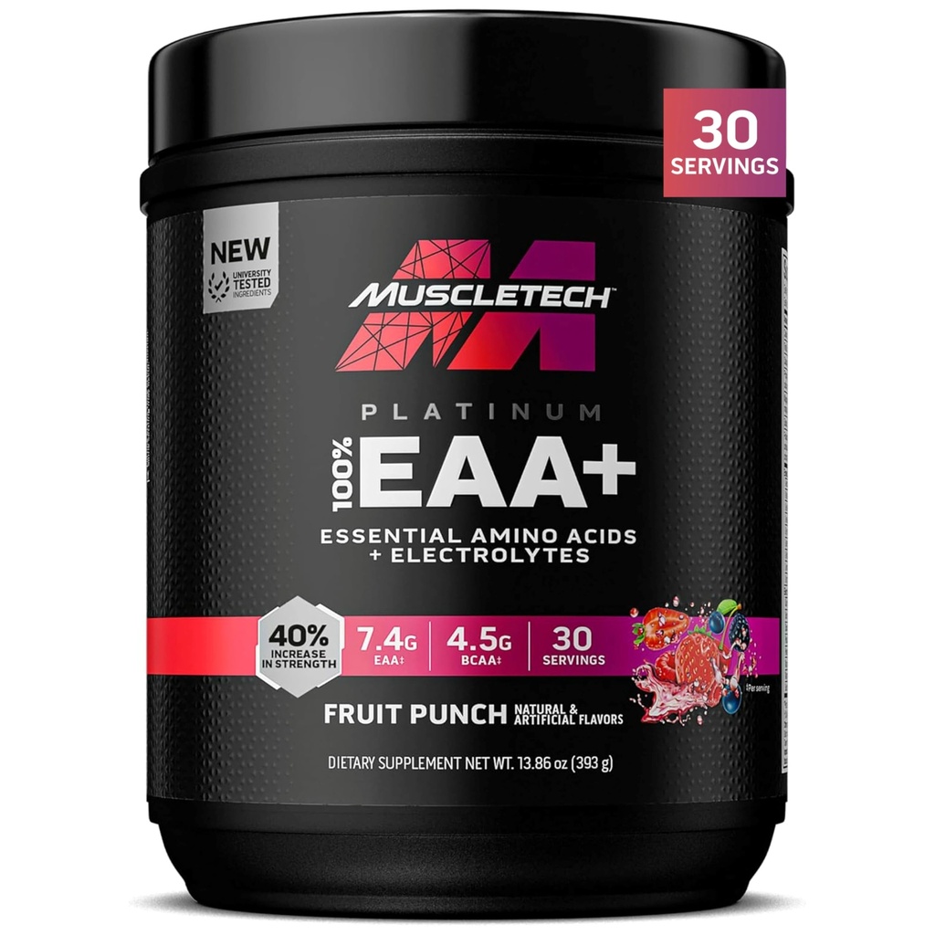 MuscleTech Platinum Essential Amino Acids Supplement with Electrolytes, Fruit Punch - Pre-Workout Powder for Energy, Muscle Growth & Strength Builder - EAA Complex for Men & Women - 30 Servings