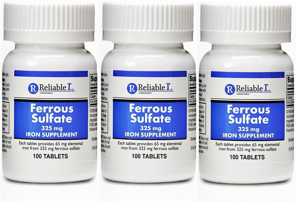 Ferrous Sulfate Iron 325 mg Generisk for Feosol 100 tabletter pakke med 3