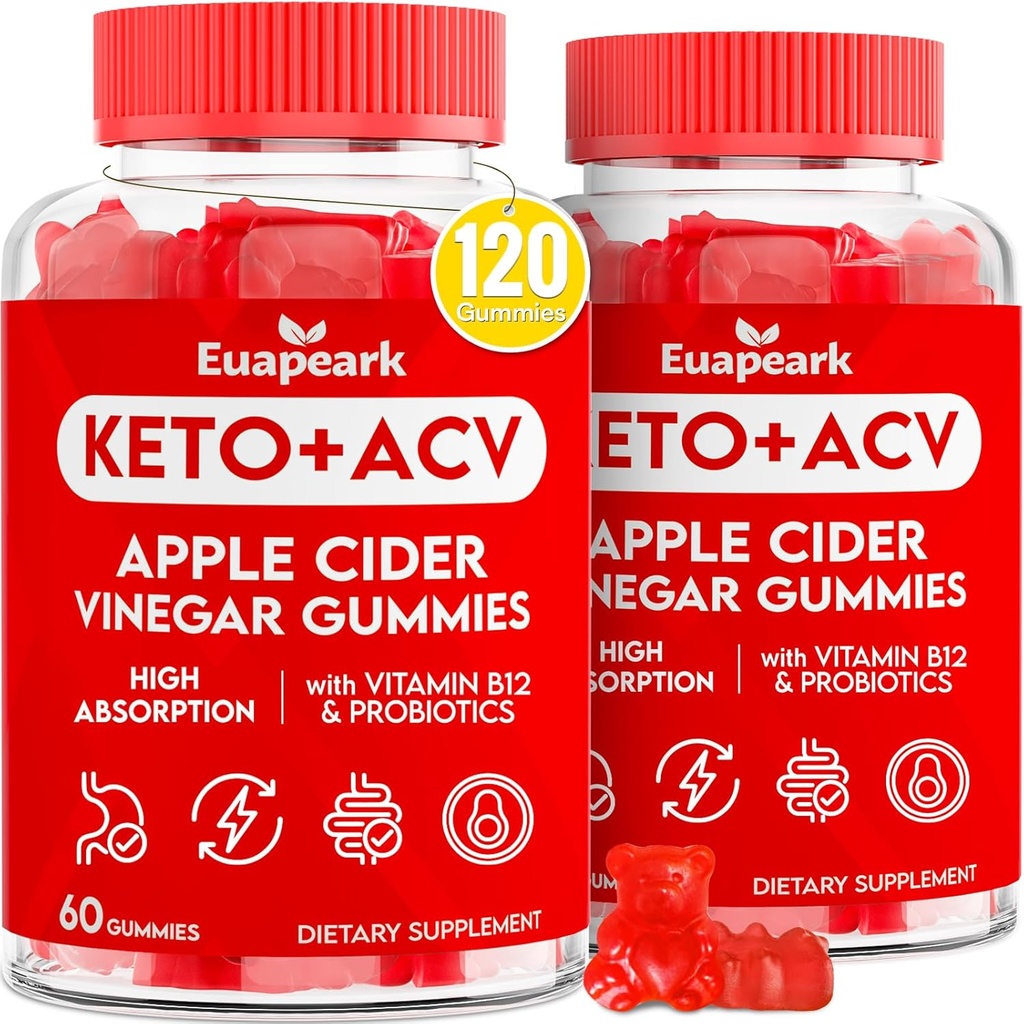 Apple Cider Ocogar Gummies, Keto ACV Gummies with Probiotics, Vitamín B12 & Keto Support, 2000 mg ACV with Mother for Digestion, Metabolizmus, Cleanse & Detox Diet, Vegan, Low Sugar, 120 Counts