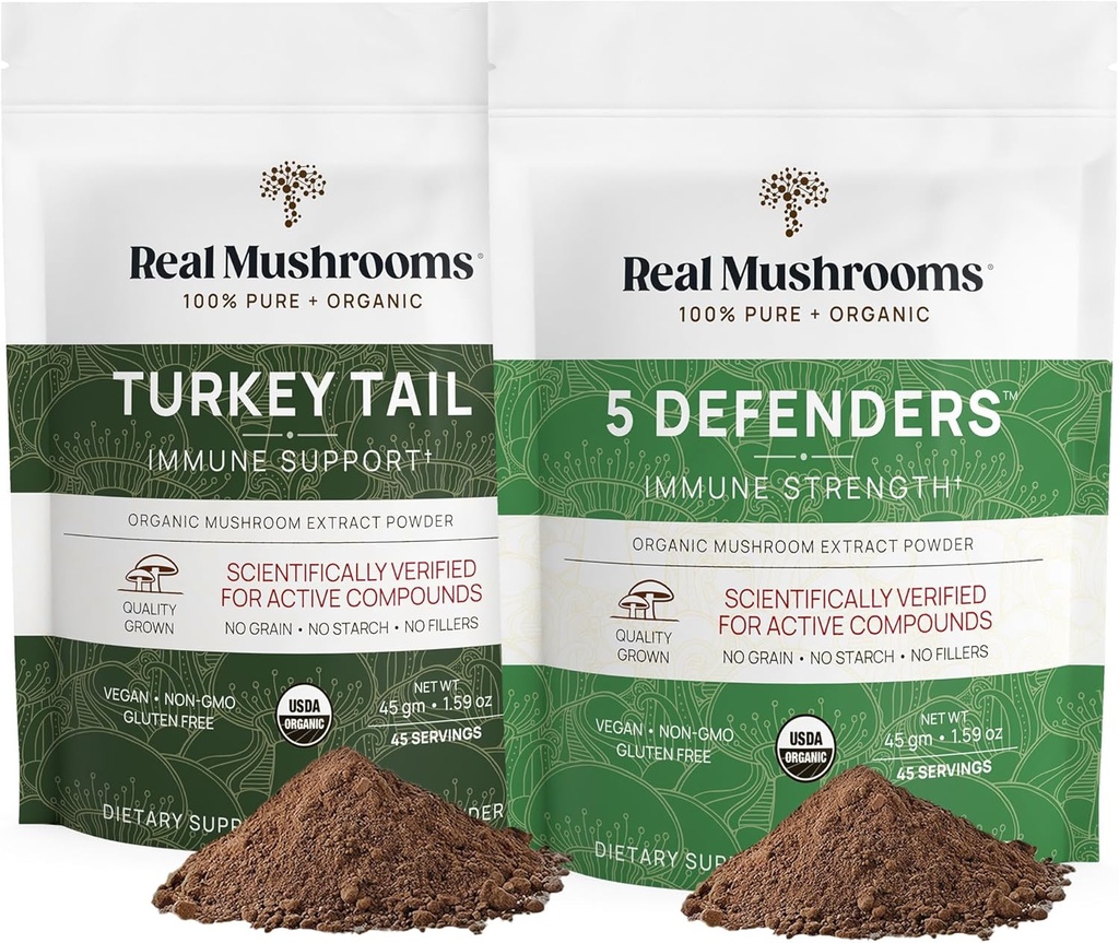 Real Mushrooms Turquía Tail (45g) e 5 Defensores (45g) Mushroom Extract Powder Bundle - Suplemento de cogomelo para a forza inmune - Vegan, Non-GMO Suplemento de inmunidade