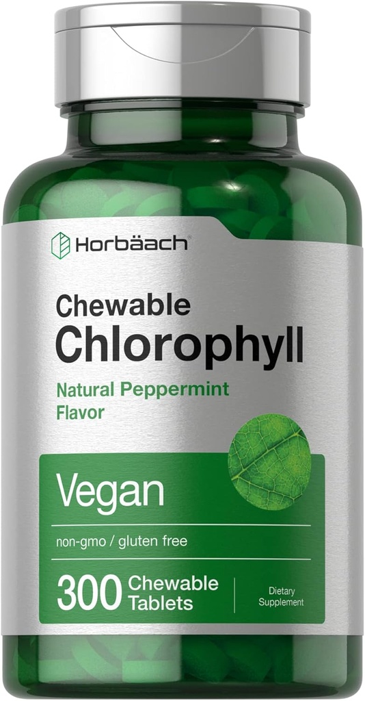 Horbäach Chlorophyll Pil 126; 300 Tablets Chewable 124; Natural Peppermint Flavor 124; Vegan, Non-GMO & Gluten Free Suplemen