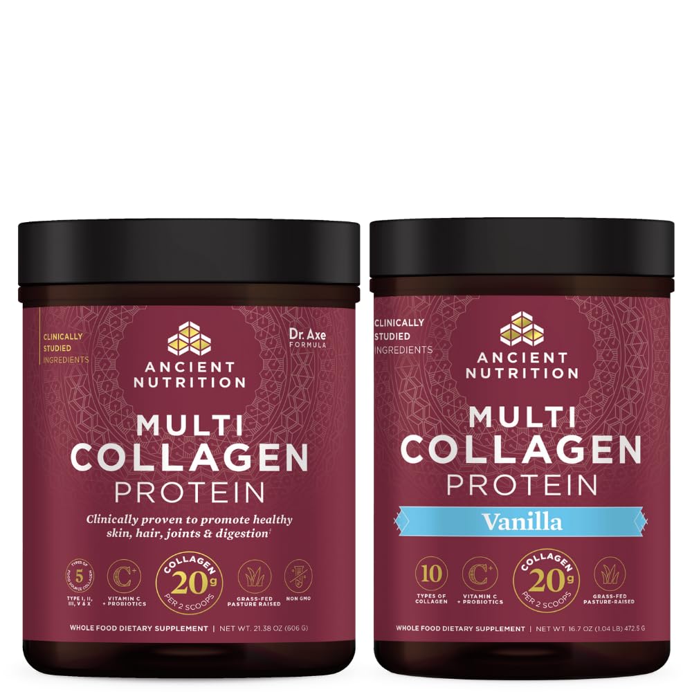 Ancient Nutrition Multi Collagen Protein Powder, Unflavored, 60 Servings + Multi Collagen Protein Powder, Vanilla, 45 Servings