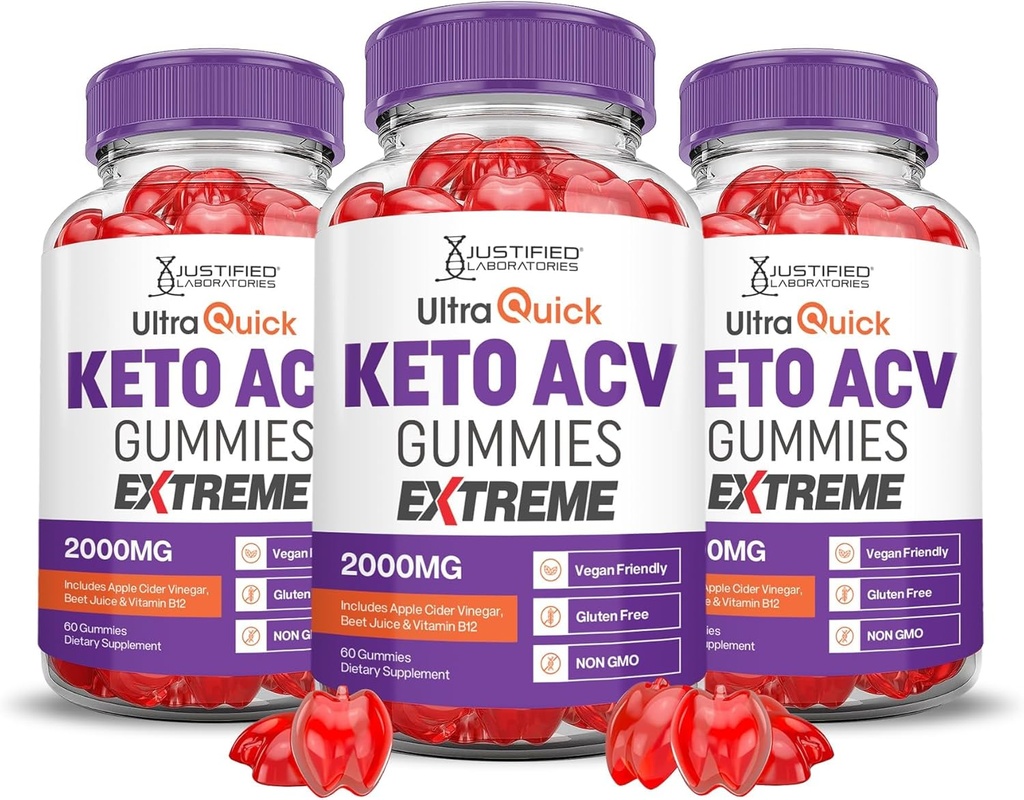 Justified Laboratories (3 팩 Ultra Quick Keto ACV Gummies Extreme 2000MG Ultraquick Keto Gummies Apple Cider Vinegar Pomegranate Beet Juice Powder B12 Vegan Non GMO 180 거미